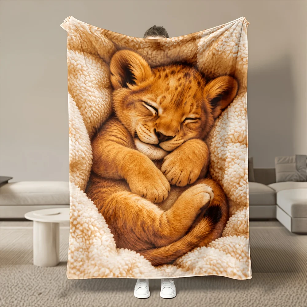 1pc Sleeping Lion Cub Blanket - Ultra Soft Heavyweight Flannel Suitable for All-Season Cozy Throw, Machine Washable Bedspread with Lion Print, for Home, Dorm, Car & Office Nap, Warm Gift for &, Multi-Size Options
