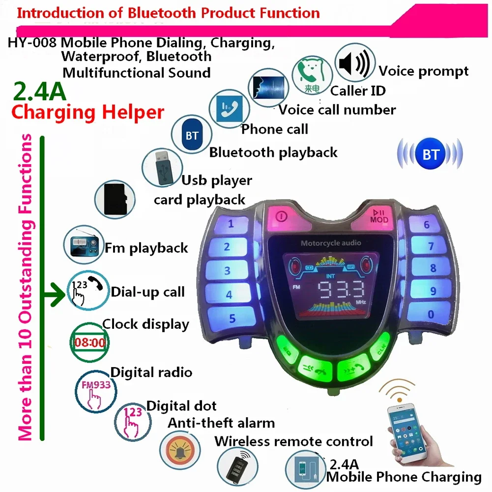 HY-008 Motocyklowy głośnik Bluetooth System audio Zestaw głośnomówiący TF Radio Ładowarka USB