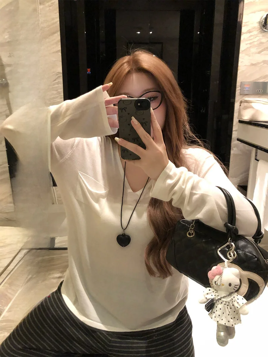 

Annie Simple Daily Color V-ne ket Knitted Sweater Women Loose plus Size Long Sve Top Comfortable Regular Fit