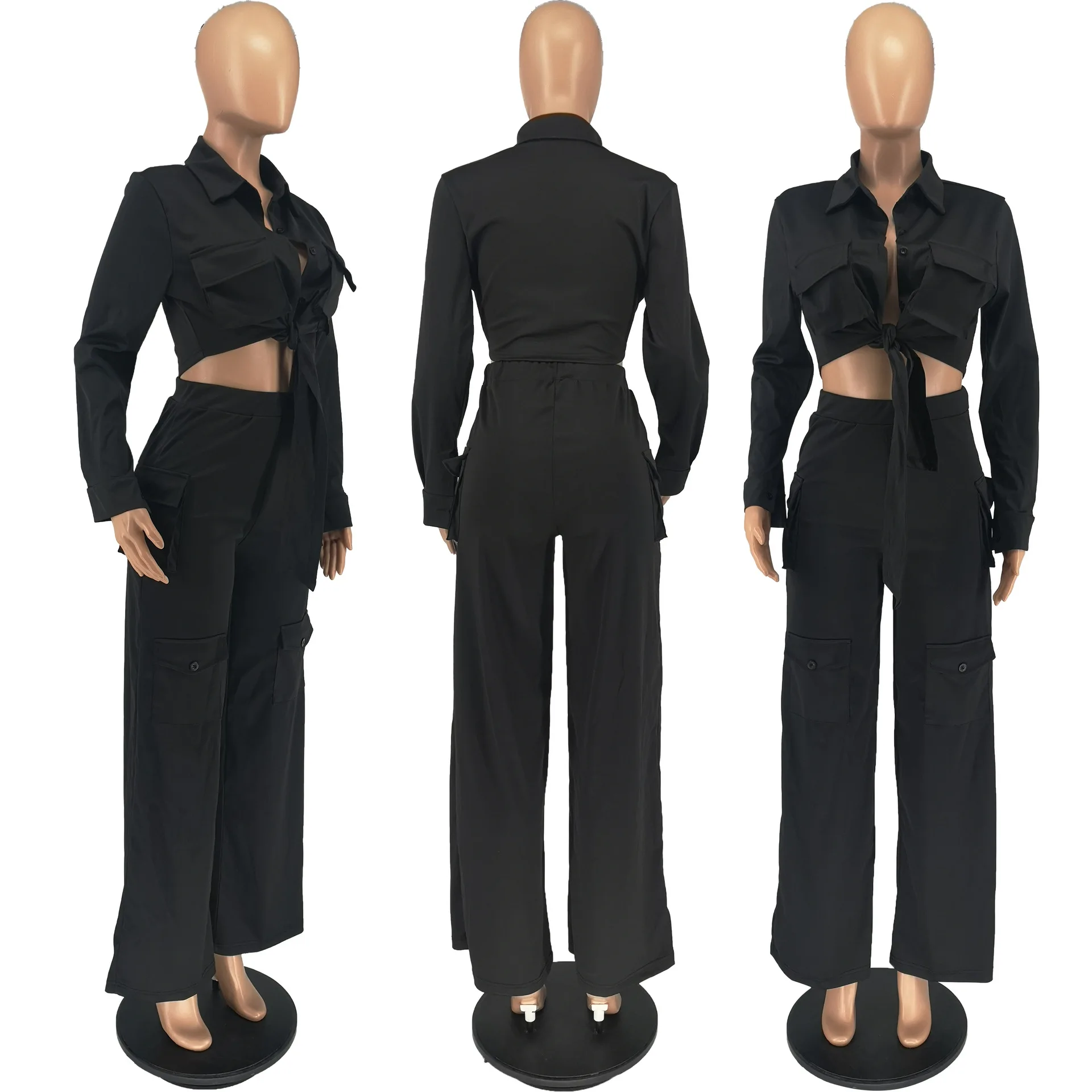 Women's Autumn & Winter Two-Piece Set  Overalls Fashion Solid Color Long-Sleeved Jacket Coat & Multi-Pocket Wide-Leg Pants Suit