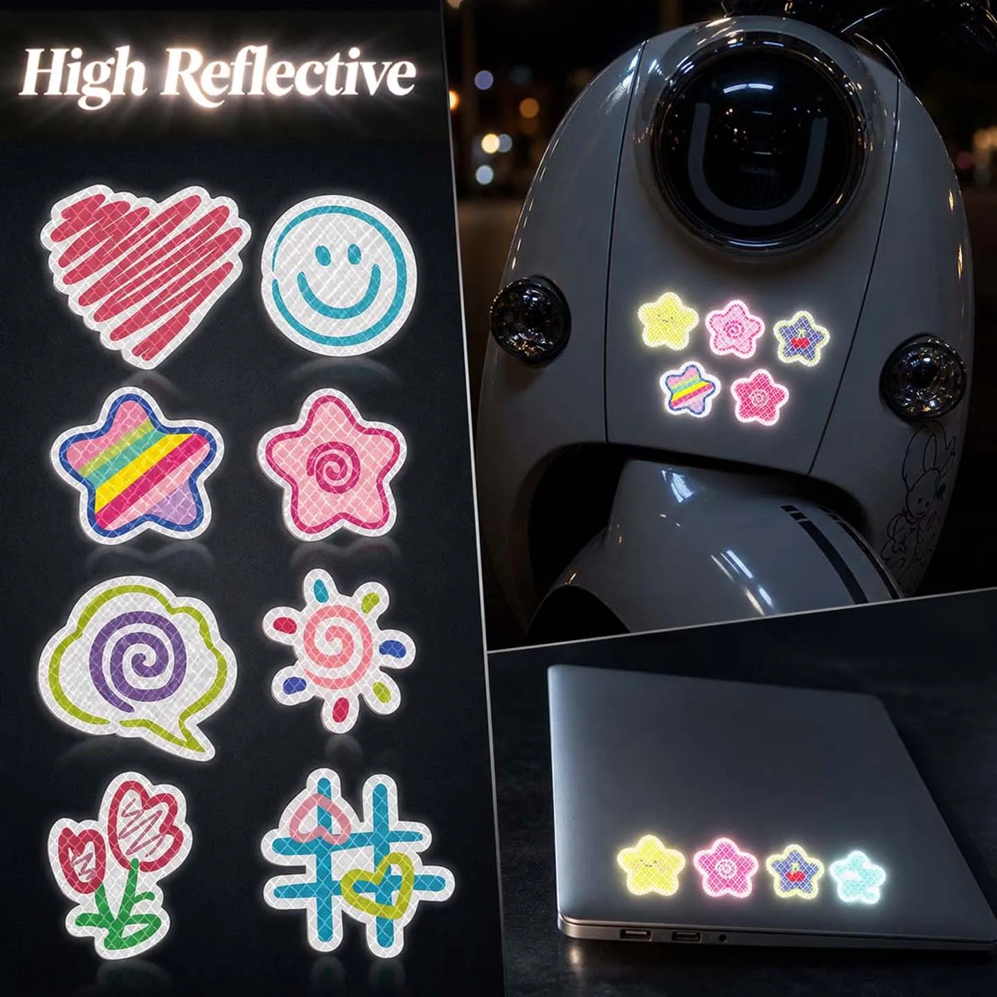 High Reflective Cute Star Shaped Floral  Motorcycle Stickers Moto Helmet Scooter Car Night Safety Decor Vinyl Accessories Decals
