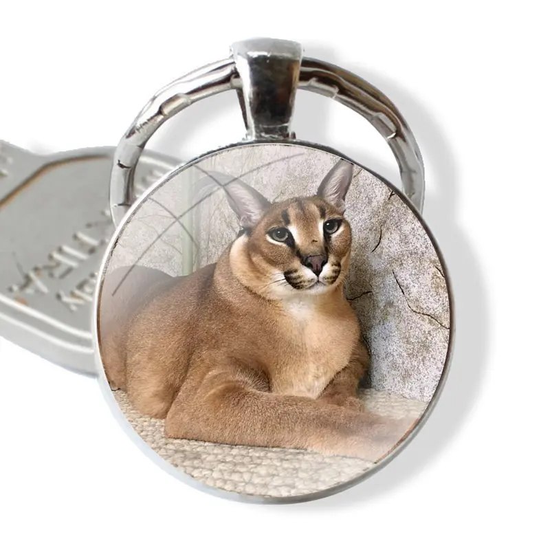 Keychain Handmade Glass Cabochon Key Ring Holder Pendant Key Chains Caracal Cat Floppa