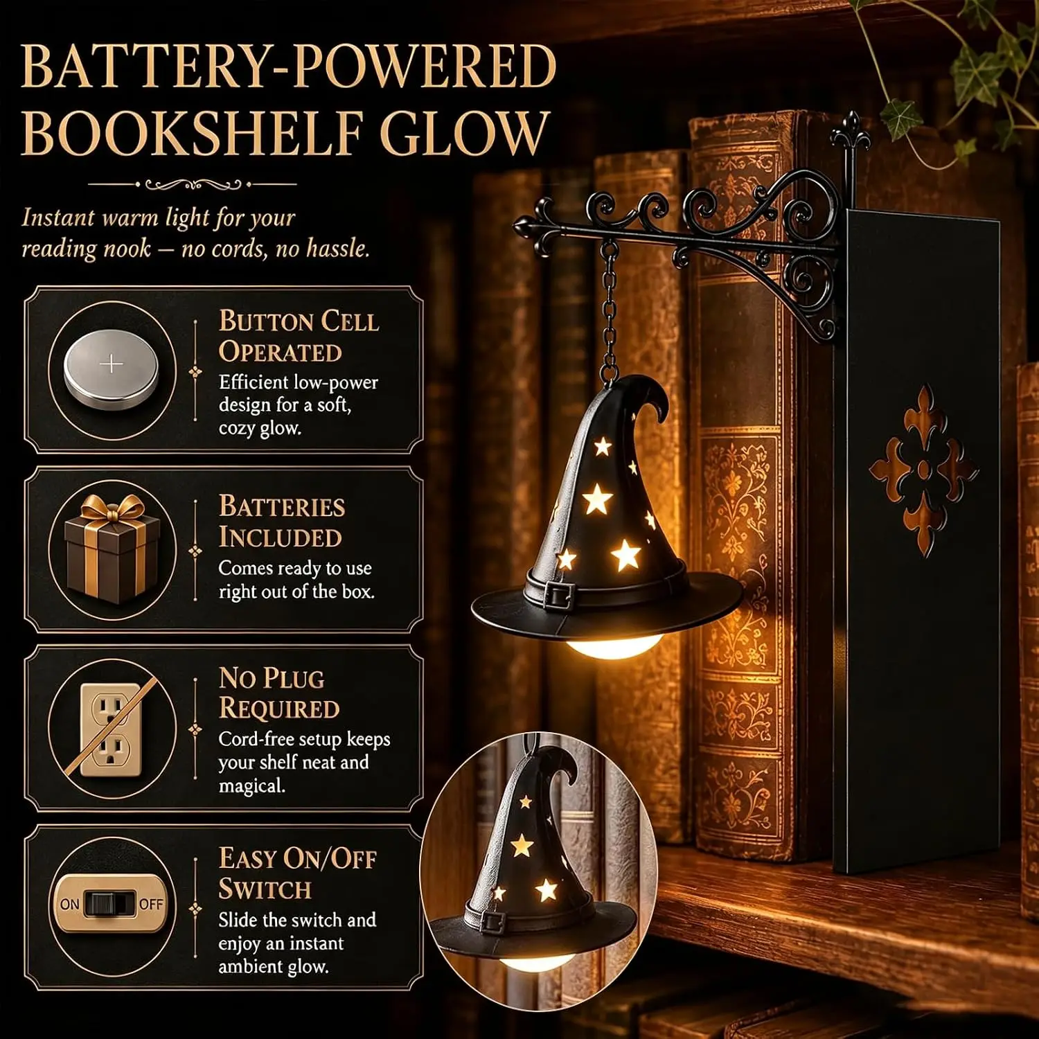 Library Lantern-Decorative Bookshelf Lighting Reading Nook LED Nightlight Wooden Bookcase Lamps Home Room Ornament view 6