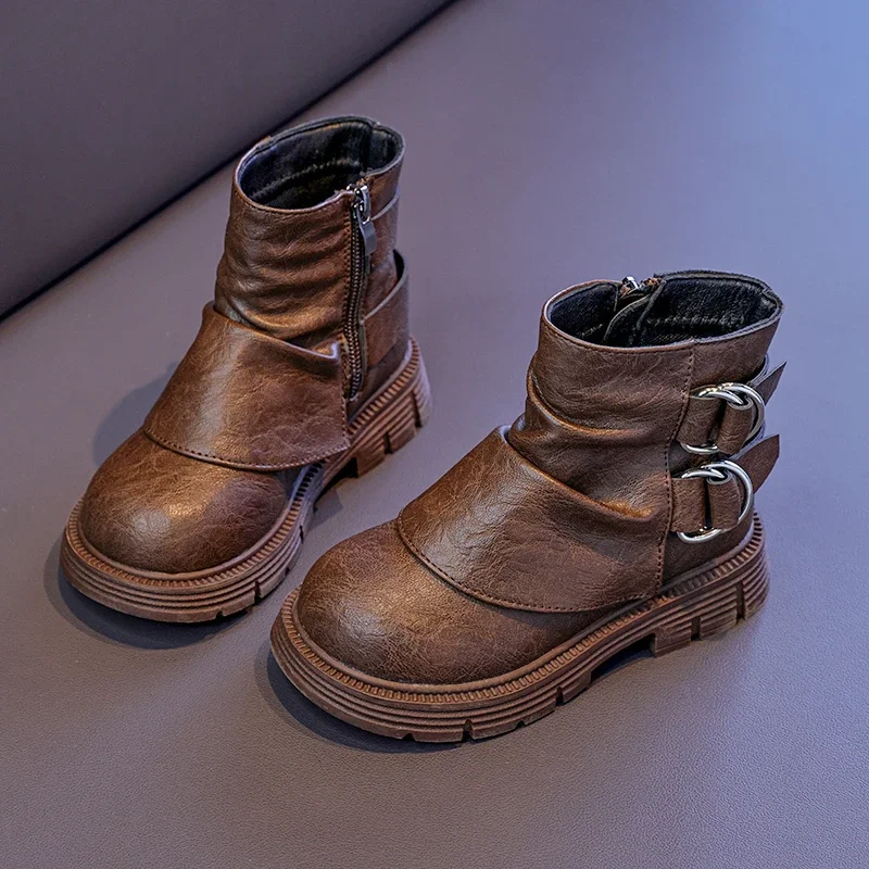 

Детские повседневные кожаные ботинки в стиле ретро, классические черные, коричневые модные ботильоны для девочек, трендовые детские короткие ботинки на платформе с толстой подошвой