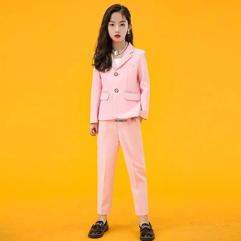 Girls Formal Pink Wedding Suit Kids Jacket Pants 2PCS Party Photograph Set Teenager Child Tuxedo Party Dress Dance Show Costume