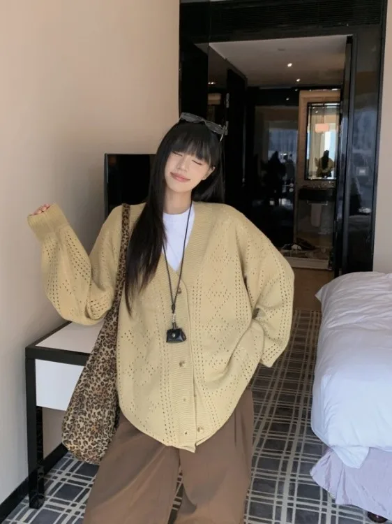 

plus Size Knitted Casual Loose Women's Cardigan Autumn New Sle Versatile Top Coat Hollow out V-Ne Long Sve Korean Sle