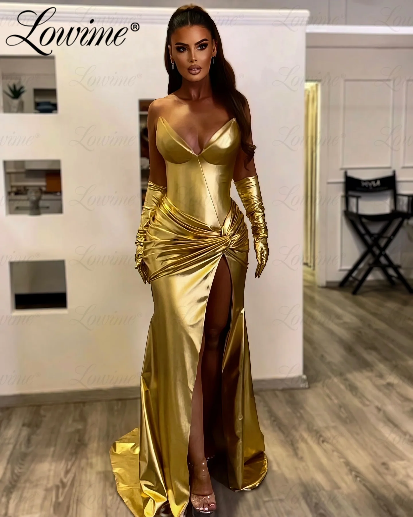 Robe De Soirée Modern Design Gold Evening Dresses With Gloves Mermaid Prom Dress Sweetheart Party Second Reception Birthday Gown