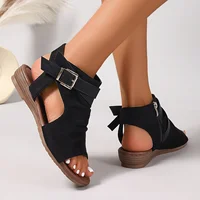 Black Pu Buckle Open Toe Fashion Comfortable Cool Wedge Heel Versatile Commuter Vacation Women's Sandals - Image 2