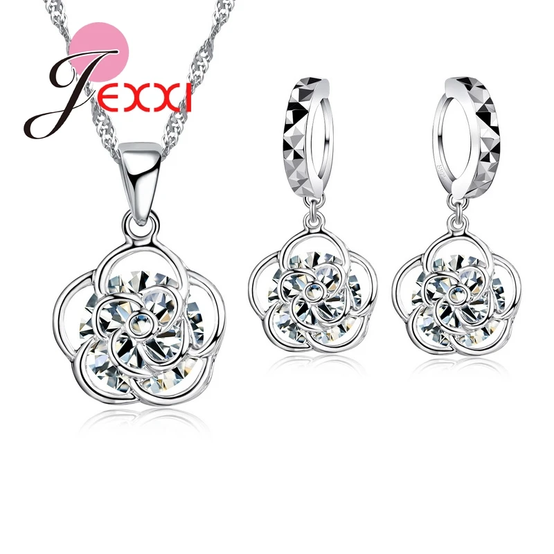 Classic 925 Sterling Silver African AAA Crystal Rose Flower Pendant Neckalce Drop Piercing Earrings Set Summer Fine Jewelry