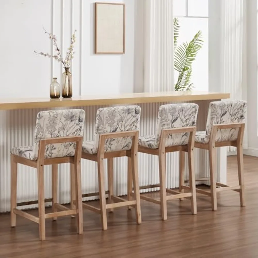 

26 Counter Height Bar Stools Set of 4 Linen Fabric Upholstered Kitchen Island Stools with Wooden Frame Classic Rectangle Breakf
