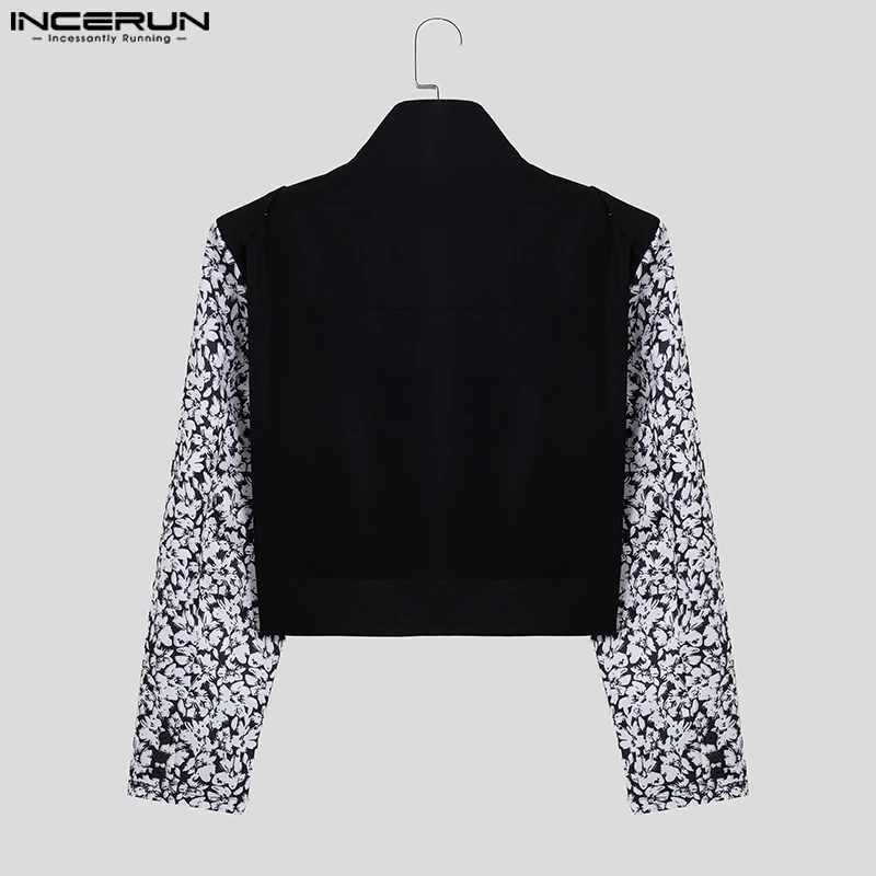 INCERUN Men Jackets Print Patchwork Stand Collar Long Sleeve Casual Crop Coats Men Streetwear Zipper 2024 Autumn Fashion Jackets