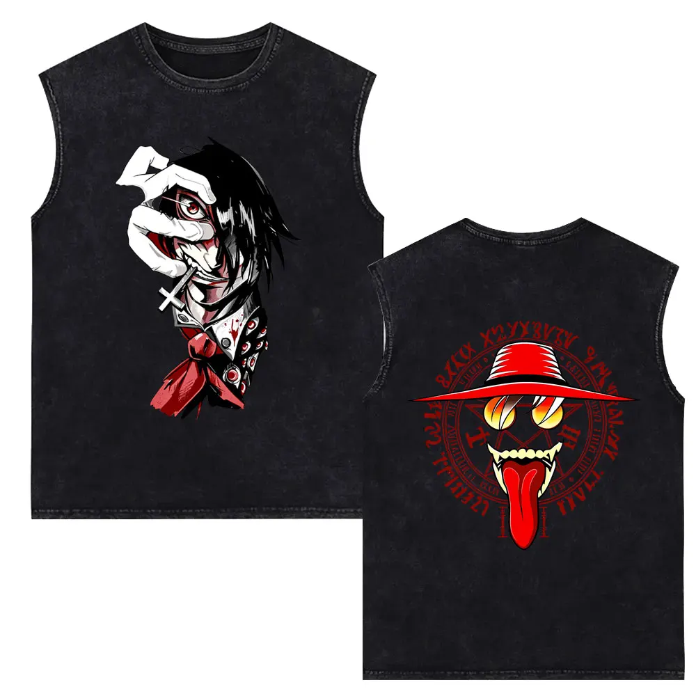 Vintage Wasehd Anime Hellsing Tank Tops Cartoon Vampire Alucard Horror Face Graphic Sleeveless Vest Men Women Casual Manga Tees