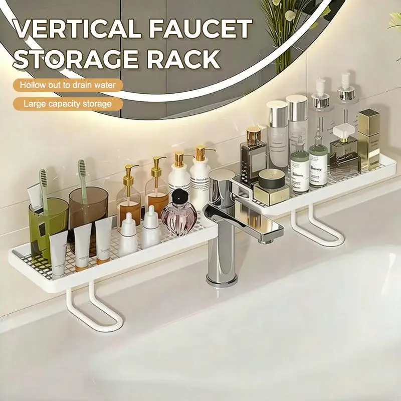 Over Sink Faucet Storage Shelf Large Capacity Hollow Drain Design For Bathroom Kitchen Organizing metal rustproof