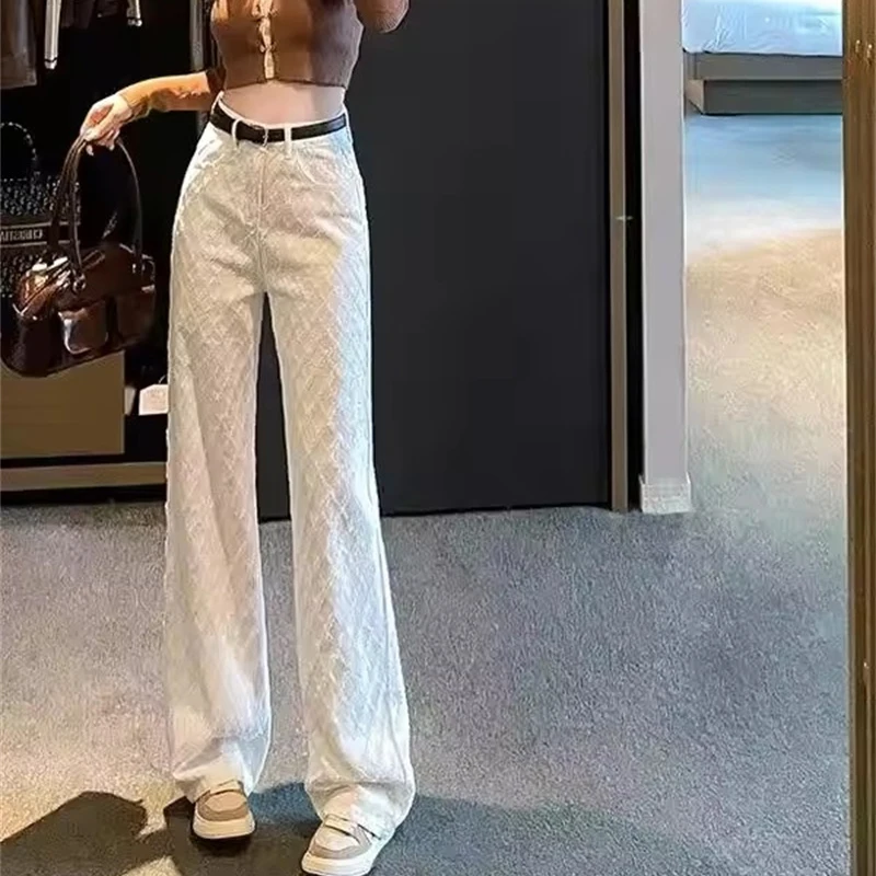 White Wide Leg Jeans Women's Spring Casual Trousers 2025 New Embroidery High Waist Loose Slimming Floor-Length Straight Pants
