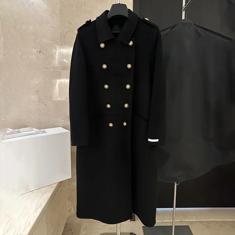 

High-quality women's lapel metal double-breasted shoulder badge wool coat Luxurious Korean style 2510011141