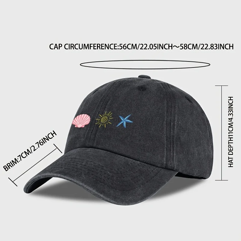 Starfish And Shell Print, Stylish Ocean-Inspired Washed Baseball Cap. Vintage Distressed Dad Hat, Lightweight And Breathable, Un