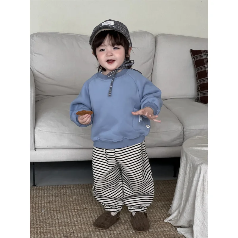 

Children's Autumn Winter Clothes Boys' Fleece Sweatshirt Thickened Striped Sweatpants Set Girls' Baby Winter Outfit