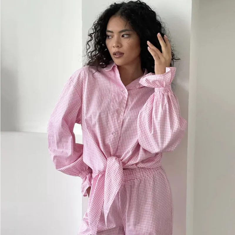 Stylish Women Pink Plaid 2 Piece Outfit, Ruffled Flared Sleeve Shirt Matching Pants, Soft Casual Loungewear Suit