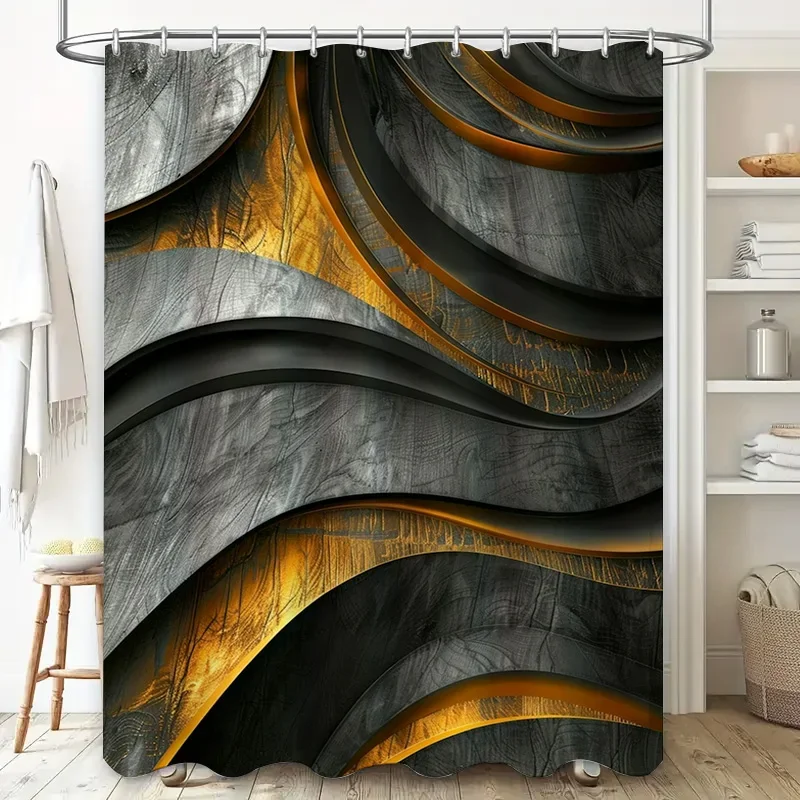 

Gold Black Bathroom Shower Curtain Waterproof Home Decor Luxury Print Modern Design