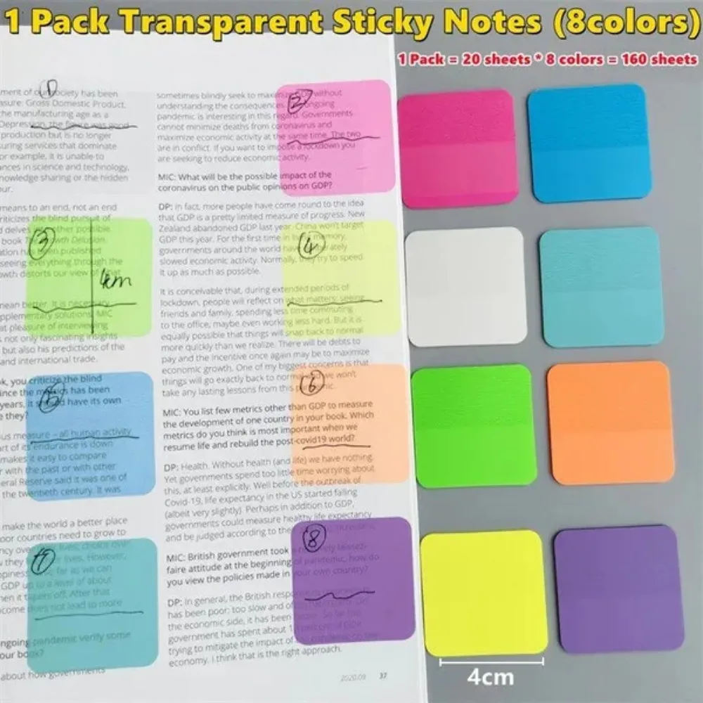 160 Blatt transparente Haftnotizen in 8 Farben, quadratischer Indexaufkleber