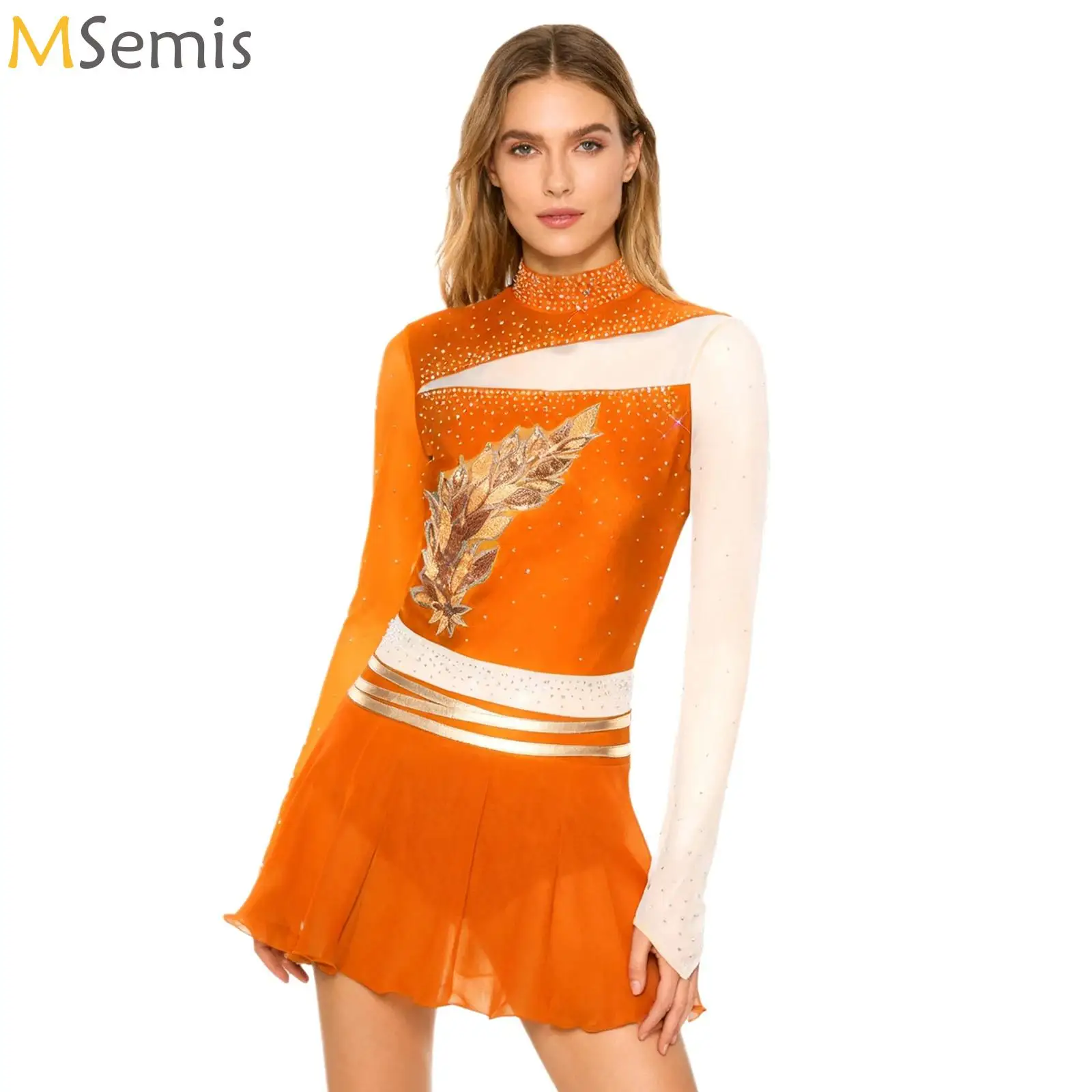 

Womens Embroidered Applique Figure Skating Leotard Dress Rhinestones Long Sleeve Built-in Briefs Dress Dance Competition Costume