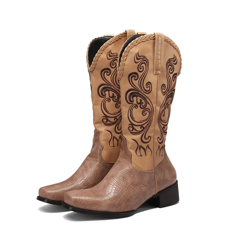 Women Western Boots SquareToe Slip On Mid-Calf Stitched Botas Cowgirl Boots Woman Embroidery  Chunky Heel Street Shoes