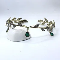 Vintage bronze green jade fairy crown crystal leaf elf headpiece hairband women's costume hair jewelry - Image 2