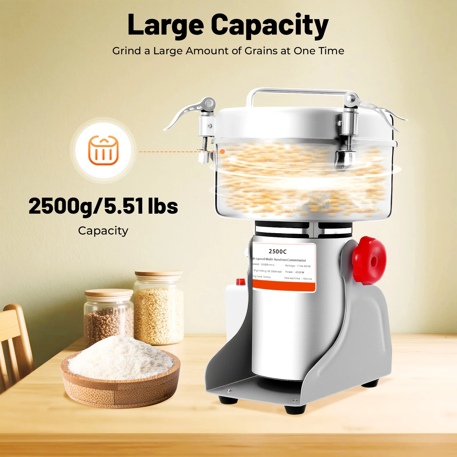 Electric Grain Mill (Grist Mill) with Stainless Steel Grinding Parts, Adjustable Coarseness for Wheat, Corn, Oats, Easy to Clean