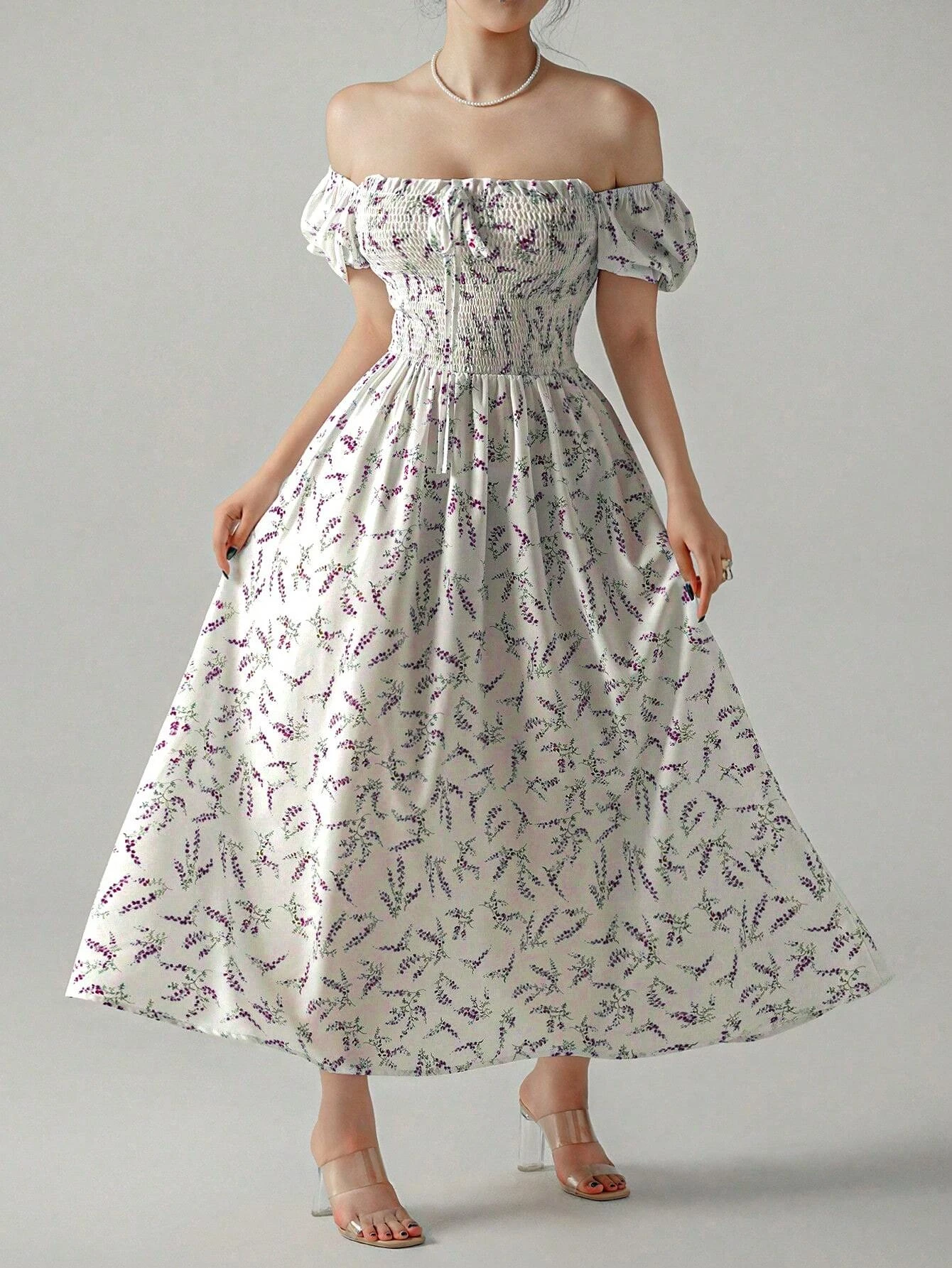 Vestido de verano con estampado Floral para niña, cuello redondo, manga abombada, falda con cuello cuadrado, corte en A, cintura alta, cuello oblicuo, Tops para mujer