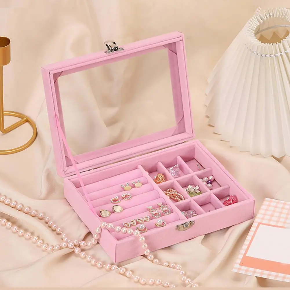 Cover Jewelry Case Jewelry Storage Box with Transparent Cover Velvet Lining Dustproof Organizer Flannel Mini Travel Case Display