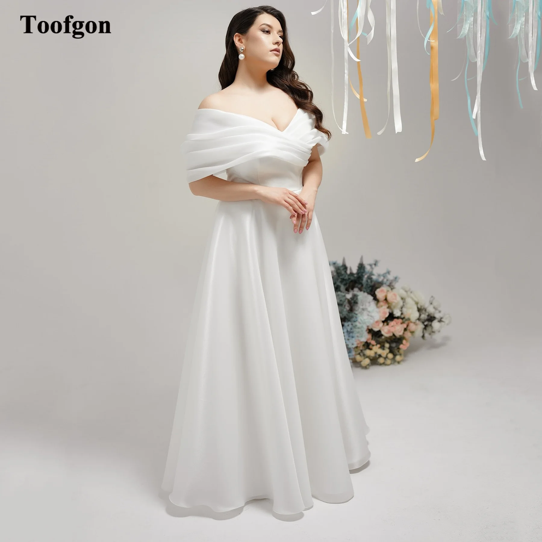 

Toofgon A Line Korea Customized Bride Wedding Dresses Off The Shoulder Pleated Long Formal Bridal Gowns Women's Party Dress