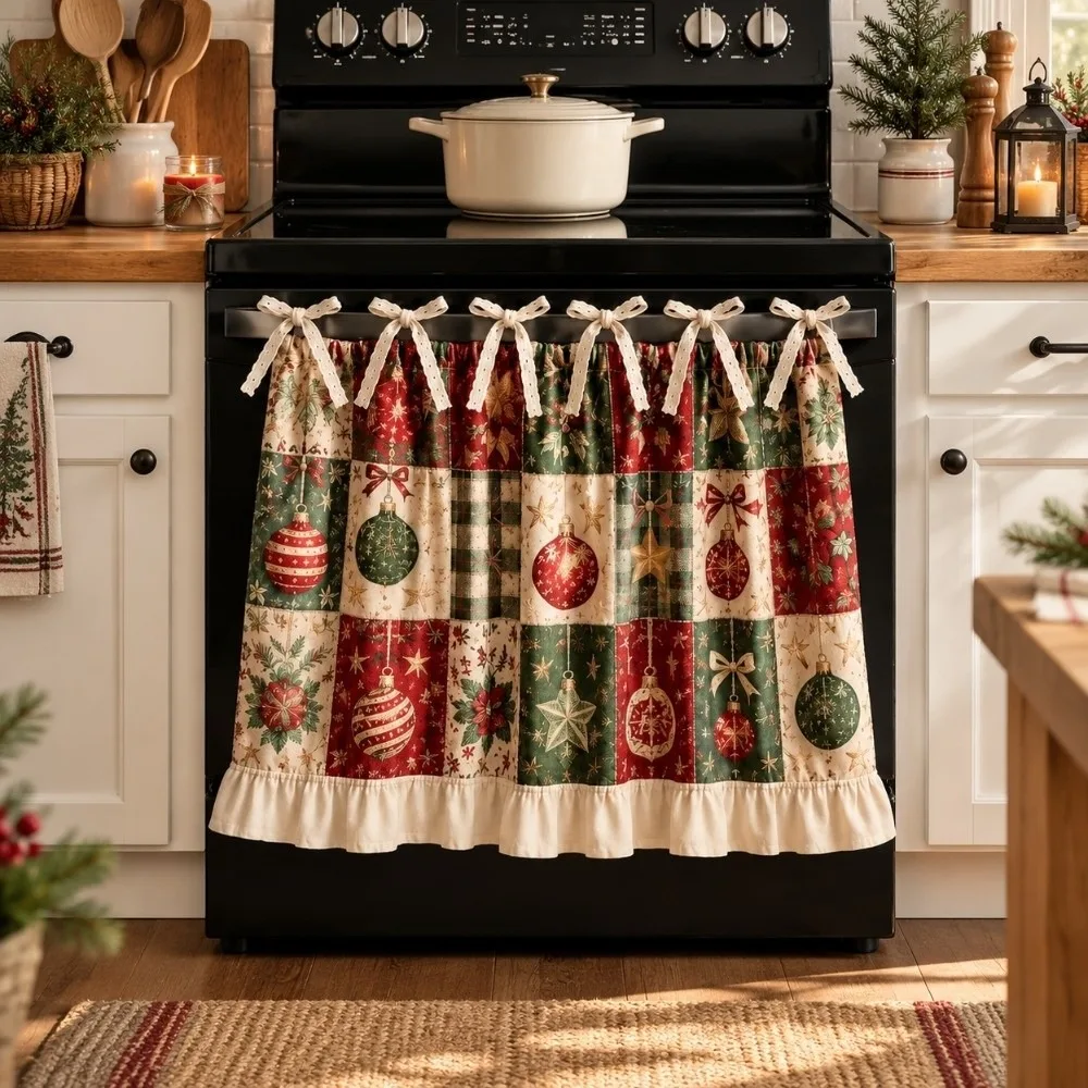 Ruffle Edge Christmas Oven Short Curtain Xmas Tree Decorative Kitchen Stove Short Curtain Countryside Style Snowman Deer