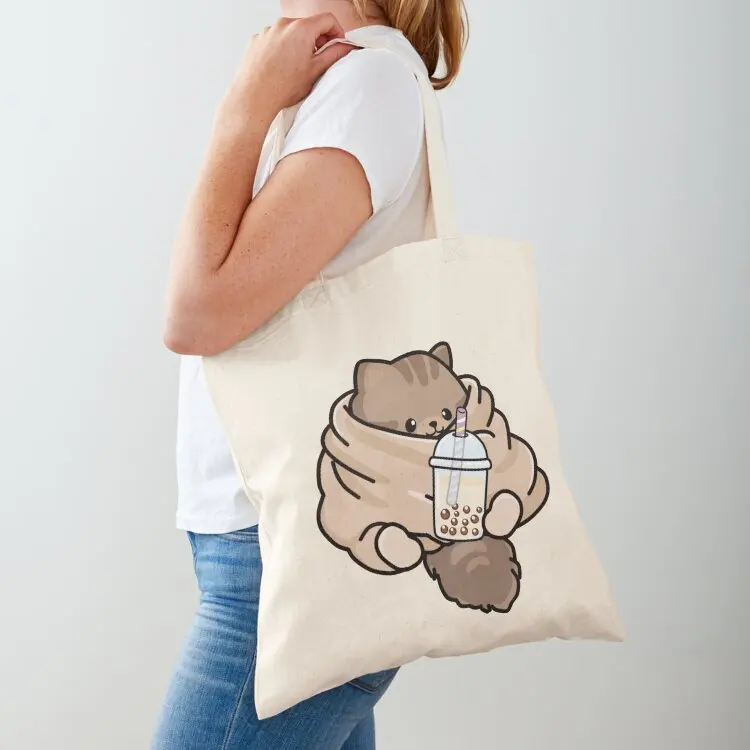 

Cozy Kitten Loves Boba! Tote Bag Women's handbag custom canvas bag tote bags cloth bags cute pouch bag