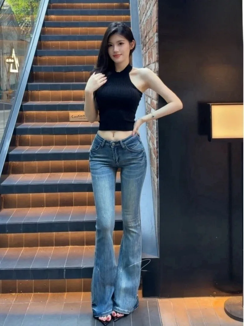 

Slim Fit Low Waist Fixed Jeans Bootcut Pants High Rise Butt Lifting Washed Effect Sexy Girl Style Chinese Brand Summer Jeans