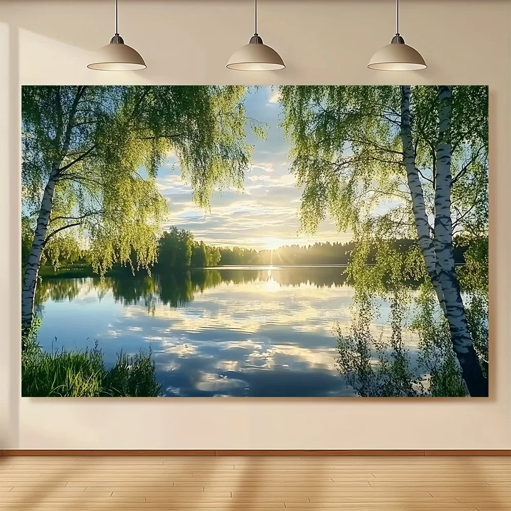Stunning Forest Lake Birch Trees Landscape Wall Art Canvas Tapestry Boho Scandinavian Style Nature Decor for Living Room Bedroom