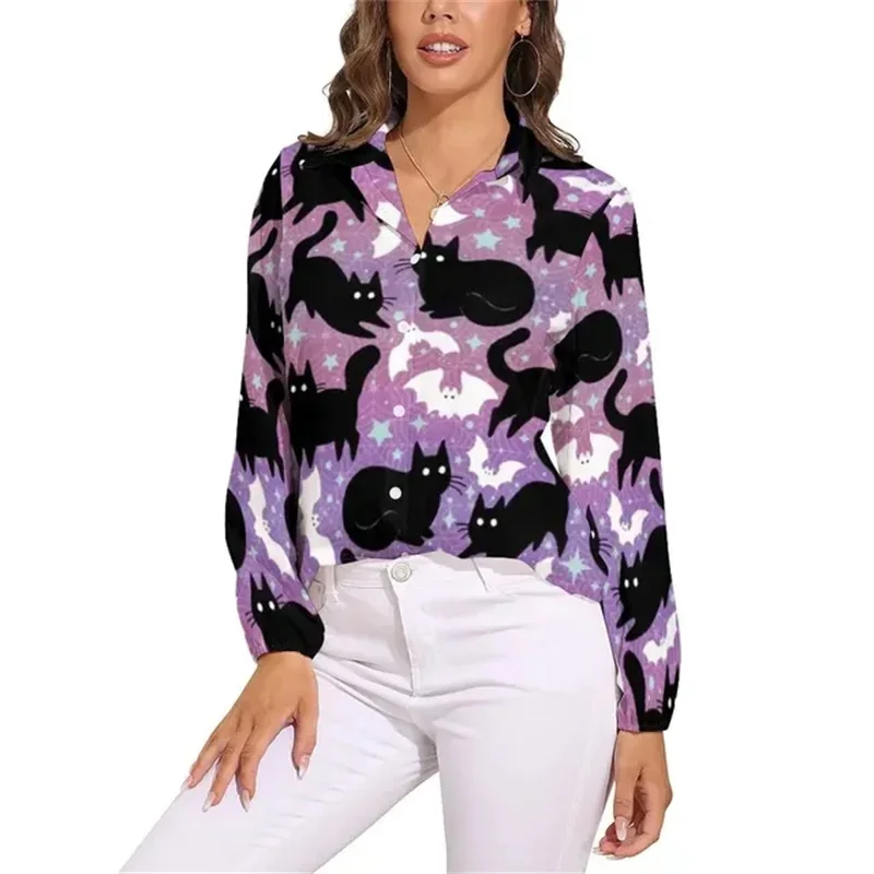 Black cat blouse for women, loose-fitting blouses with cute classic cat print, long-sleeved Kawaii shirts, clothing view 2