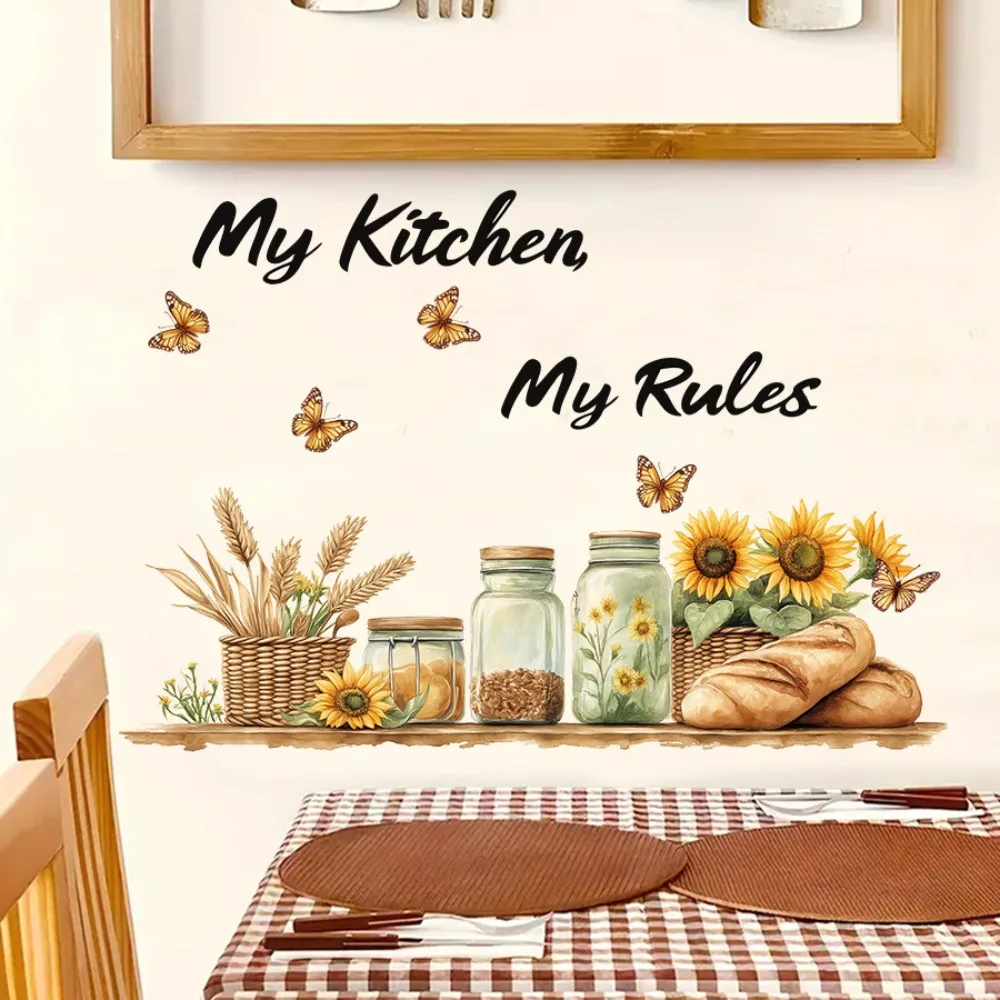 Kitchen Wall Stickers Self Stick Removable Sunflower Wheat Motif Inspirational Quote Decals for Farmhouse Dining Room Decor