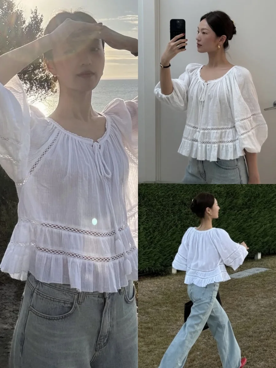 

Summer 2025 New Style GED Lace Hollow Belted Seven Sleeve Shirt Top Women's Business Casual Loose Fit Bubble Sleeve