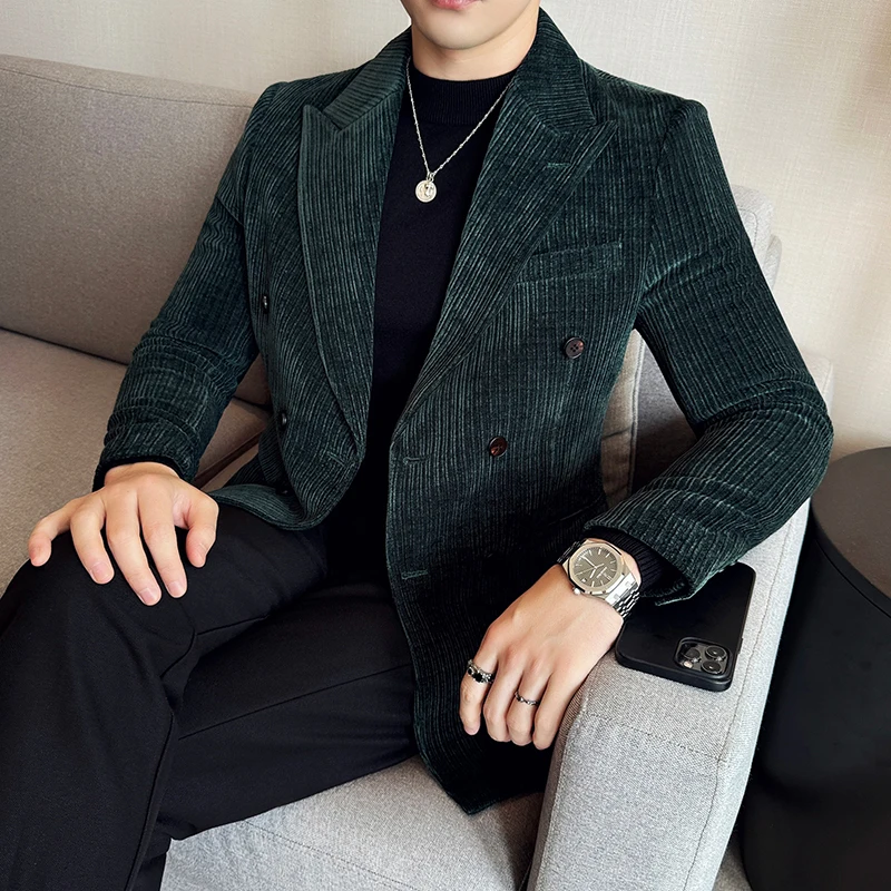 England Style Autumn Winter Men Corduroy Blazer Jackets Double-Breasted High Quality Slim Fit Casual Blazer Jacket Man Black