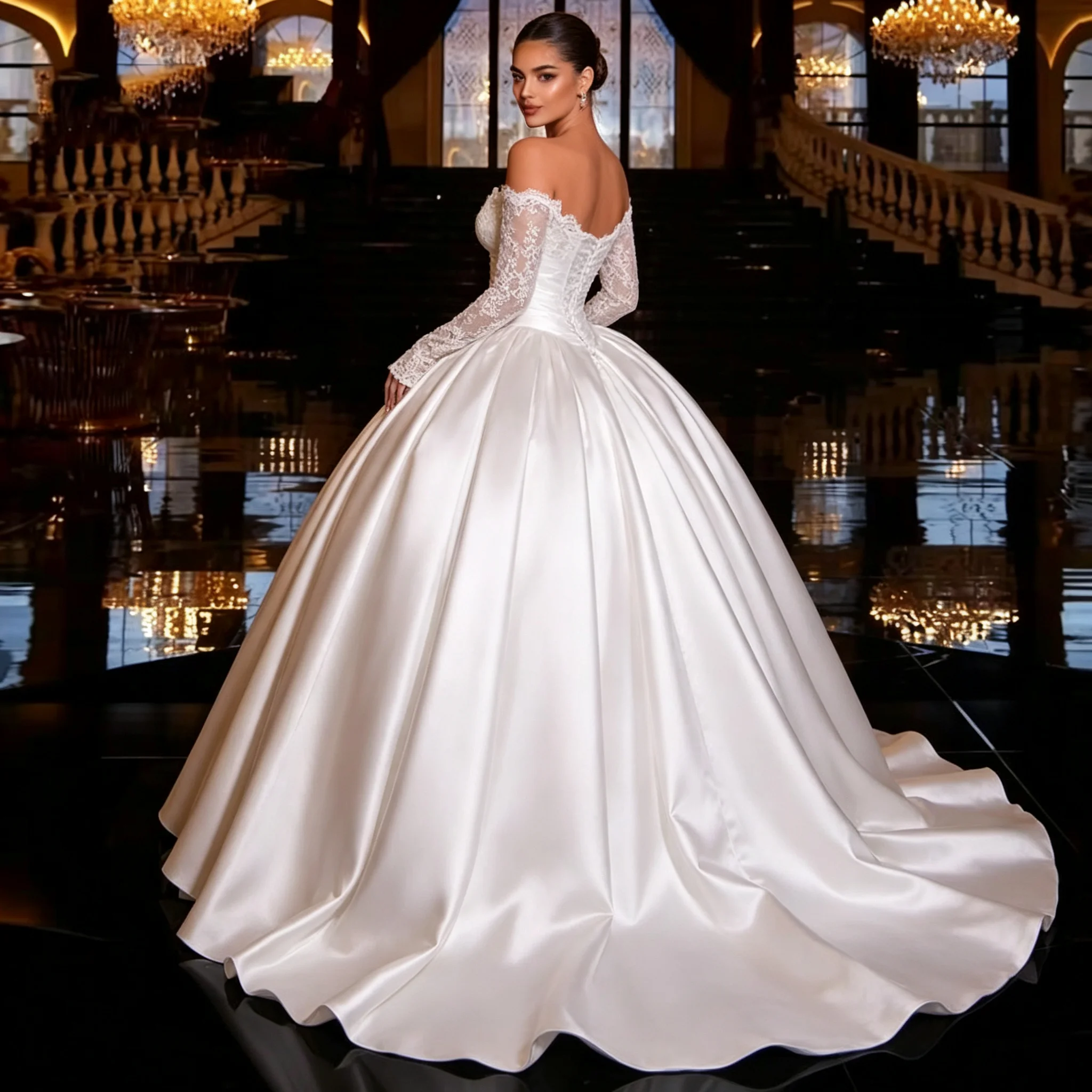 Luxury A Line Wedding Dresses For Bride Unique Design Pleated Satin Lace Bridal Gowns Customized Bridal Formmal Wear Robe Mariee