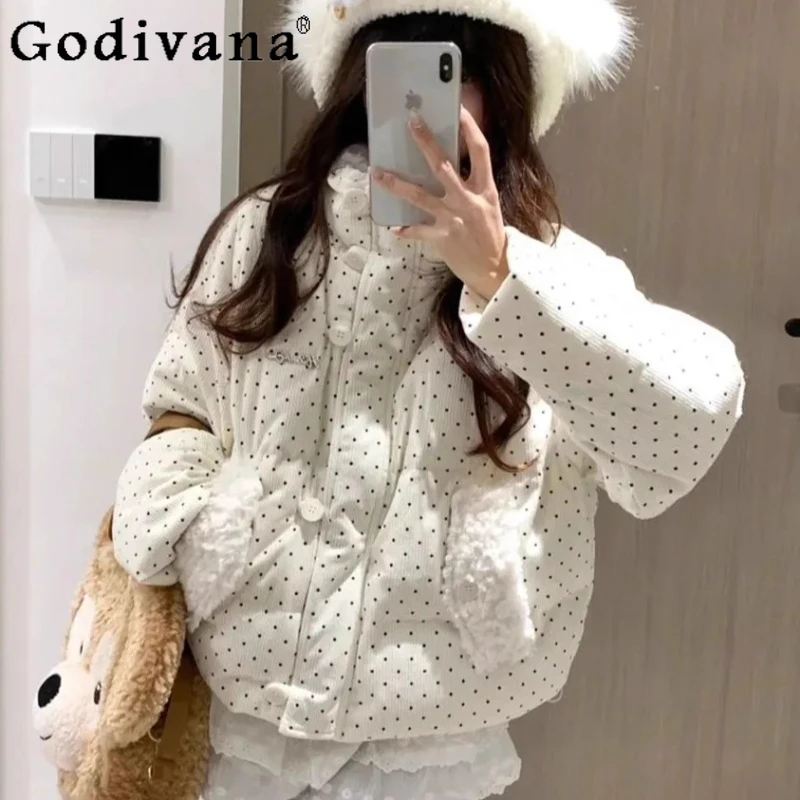 

Winter Loose Thickened Warm Short Parkas Women New Korean Style Sweet Polka Dot Coat Female Fur Collar Down Cotton Parkas