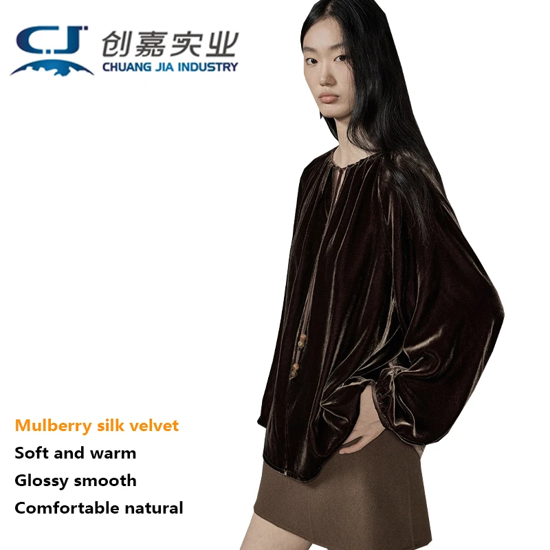 Luxurious, Silk from Silkworms Velvet Women's T-shirts with Long Sleeves Loose and Retro Style, Large Size, Women's Clothing