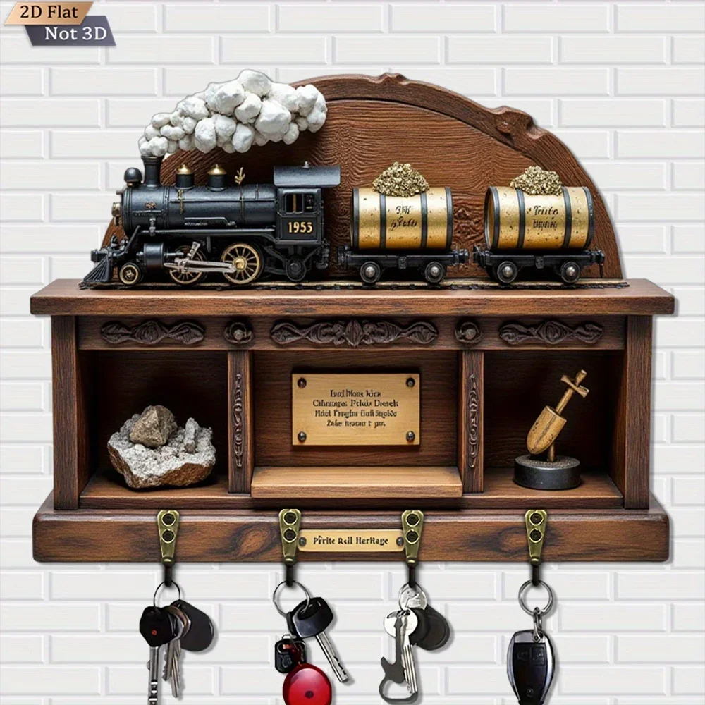 2D Flat, 1pc, Wooden Train-Shaped Key Hook - Multifunctional Home Decorative Hanger with Four Metal hooks. Suitable for wall