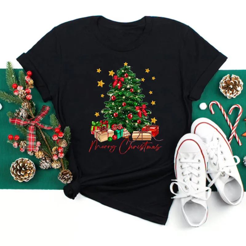 2024 Merry Chriatmas Woman Clothing Kawaii Christmas hat Antlers Print Short Sleeve Black Woman T-shirts Female Christmas Tee