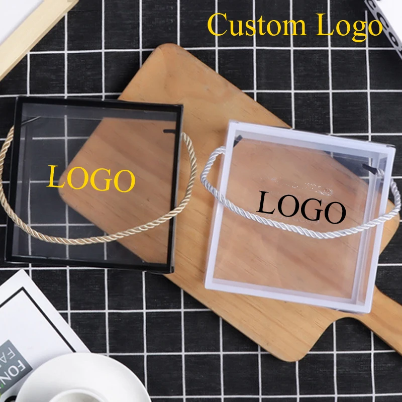 10pcs Hand-held Transparent Gift Boxes For Wedding Birthday Party Candy Cookies Packaging Box Custom LOGO Portable Box