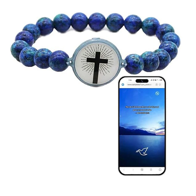 Daily Bible Verse Bracelet For Men Women Scan NFC Music Healing Natural Crystal Stone Stretchy Beaded Cross Faith Easter Jewelry