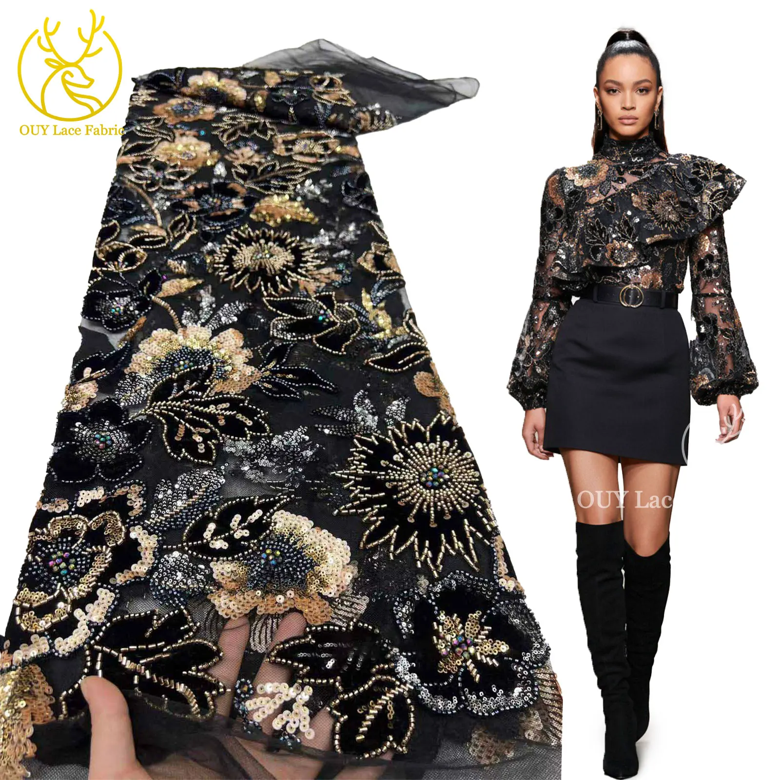 

Luxury Velvet Embroidery Beaded Lace Fabric 2025 Luxury African French Sequin Lace Fabric for Women's Party Evening Gown Sewing