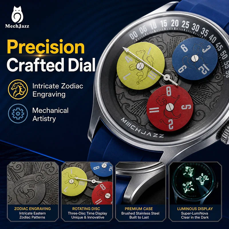 Unique Jumping‑Hour Mechanical Watch, Zodiac Pattern Rotating Disc, Silicone Strap, 316L Stainless Steel Case Men's Wrist Watch