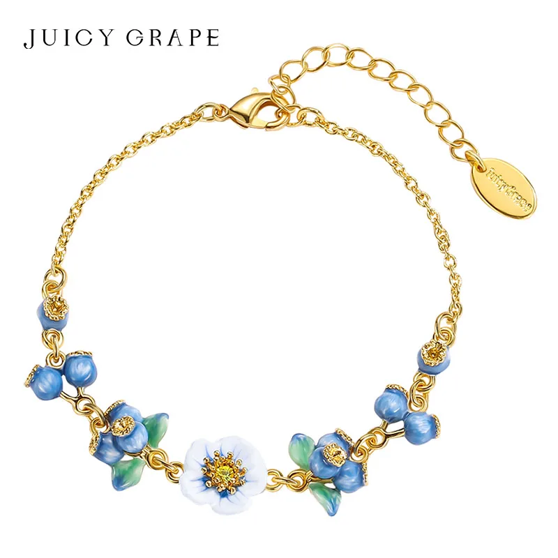 

Juicy Grape Blueberry Bracelet Handmade Enamel Bracelet Adjustable Blueberry Flower Bracelet 18K Gold Plated Gift for Girls