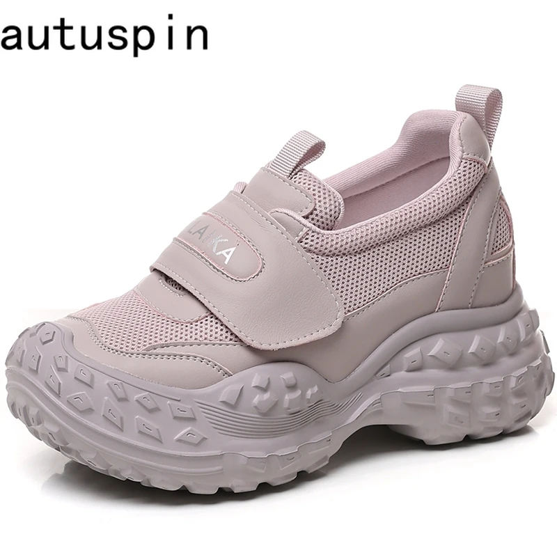 

Autuspin 8cm Hook Chunky Shoes Woman New Fashion Genuine Leather Daily Leisure Sneakers Outdoor Breathable Mesh Shoes Women